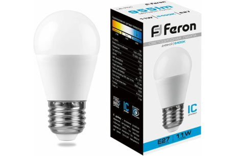 Купить Лампа светодиодная FERON LB-750 11W 230V E27 G45 шар 6400K 955lm 45*90mm 25951 фото №1